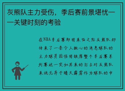 灰熊队主力受伤，季后赛前景堪忧——关键时刻的考验